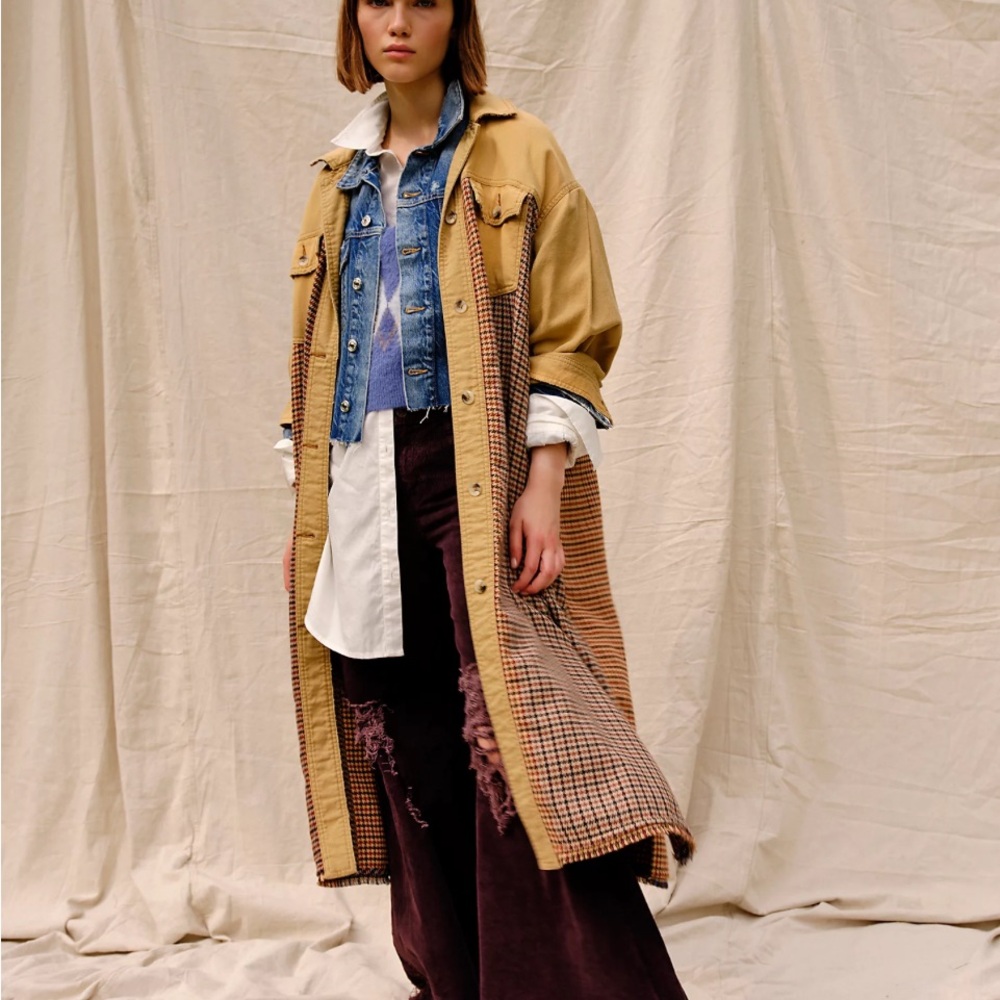 Free People Bentley Ombre Plaid Patchwork Oversized Trench Shirt Jacket